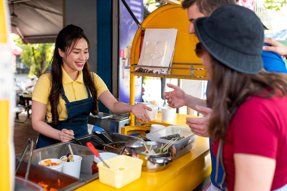 close up woman serving customers